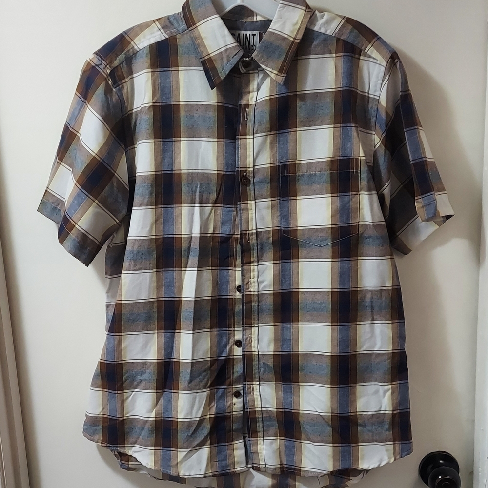 Saint GainFranco Men's Casual Plaid Button-Down Shirt - Blue and Brown Size Med